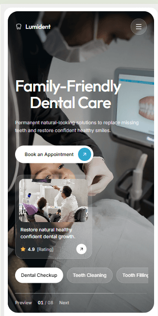 Dental clinic mobile patient booking experience on a phone screen